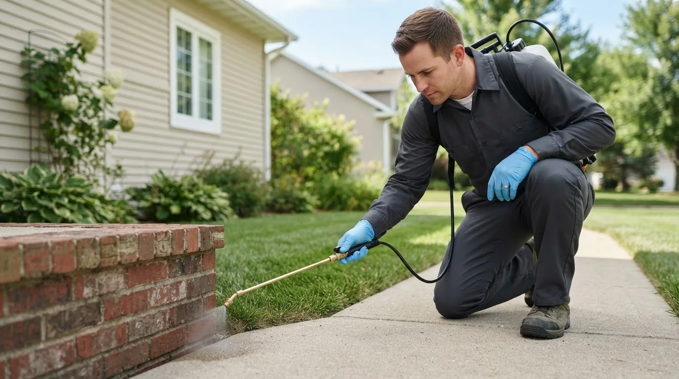 Pest control technician treating a home near Linwood, MA