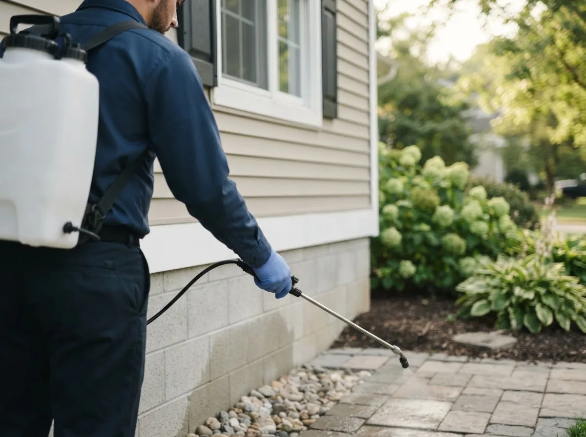 Pest control technician inspecting a home in Linwood, MA